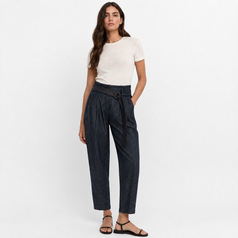 Brunello Cucinelli Belted Pleated Denim Trousers Tapered Leg IT 38 US 2 Italian